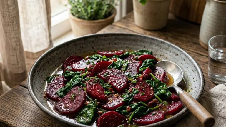 Stunning plated serving of Sautéed Beets and Spinach, a chef-tested recipe by Chef Jorj Morgan.