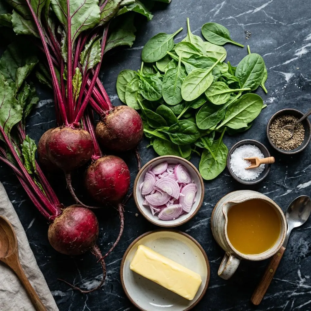 Overhead prep shot of raw whole beets, fresh spinach, sliced shallot, butter, chicken broth, salt, and pepper