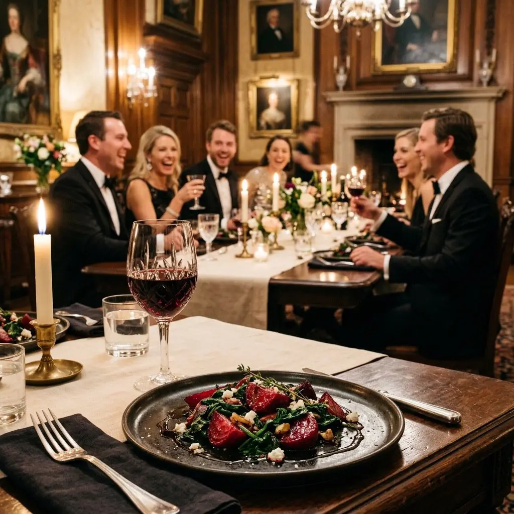 An elegant, formal dinner table setting featuring Sautéed Beets and Spinach, with a dinner party in the background