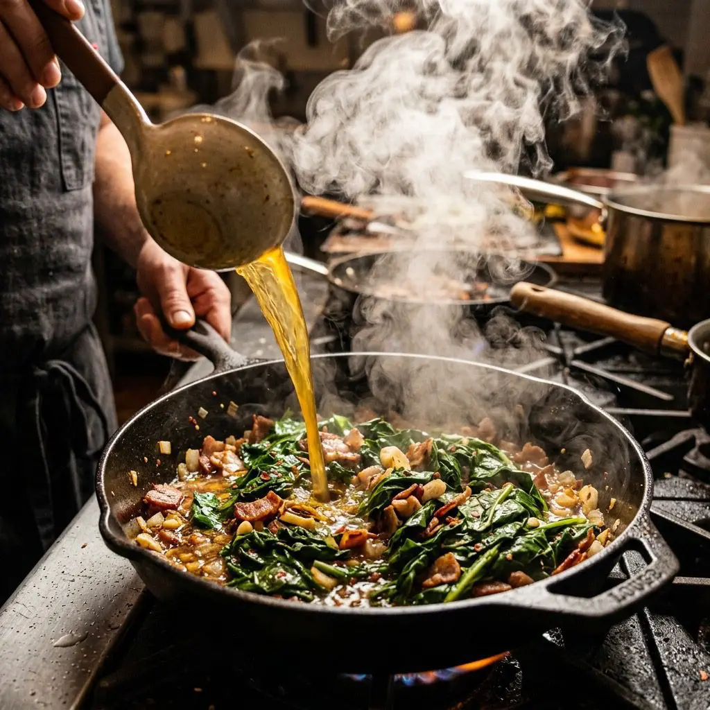 Extreme close-up action shot pouring golden chicken stock into a hot sauté pan filled with wilted collard greens, bacon, and aromatics