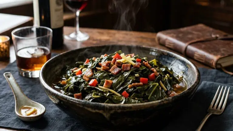 Stunning plated serving of Sautéed Collard Greens with Fresh Ginger, a chef-tested recipe by Chef Jorj Morgan.