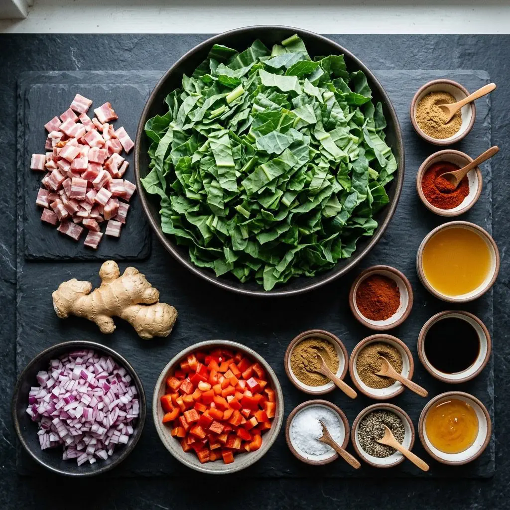 Overhead prep shot of a mound of sliced collard greens, diced raw bacon, fresh ginger, diced red onion, bell pepper, spices, chicken stock, soy sauce, and honey
