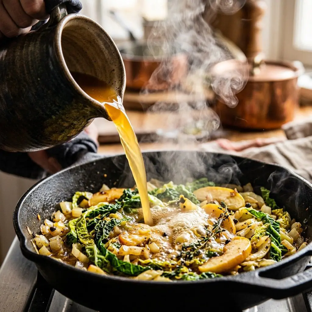 Extreme close-up action shot pouring apple cider into a hot sauté pan filled with sizzling savoy cabbage, fennel, and apples