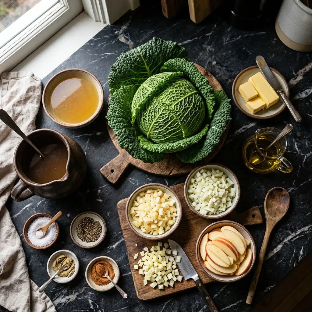 Overhead prep shot of savoy cabbage, butter, olive oil, yellow onion, fennel bulb, sliced apples, apple cider, chicken stock, salt, pepper, cardamom, and cinnamon