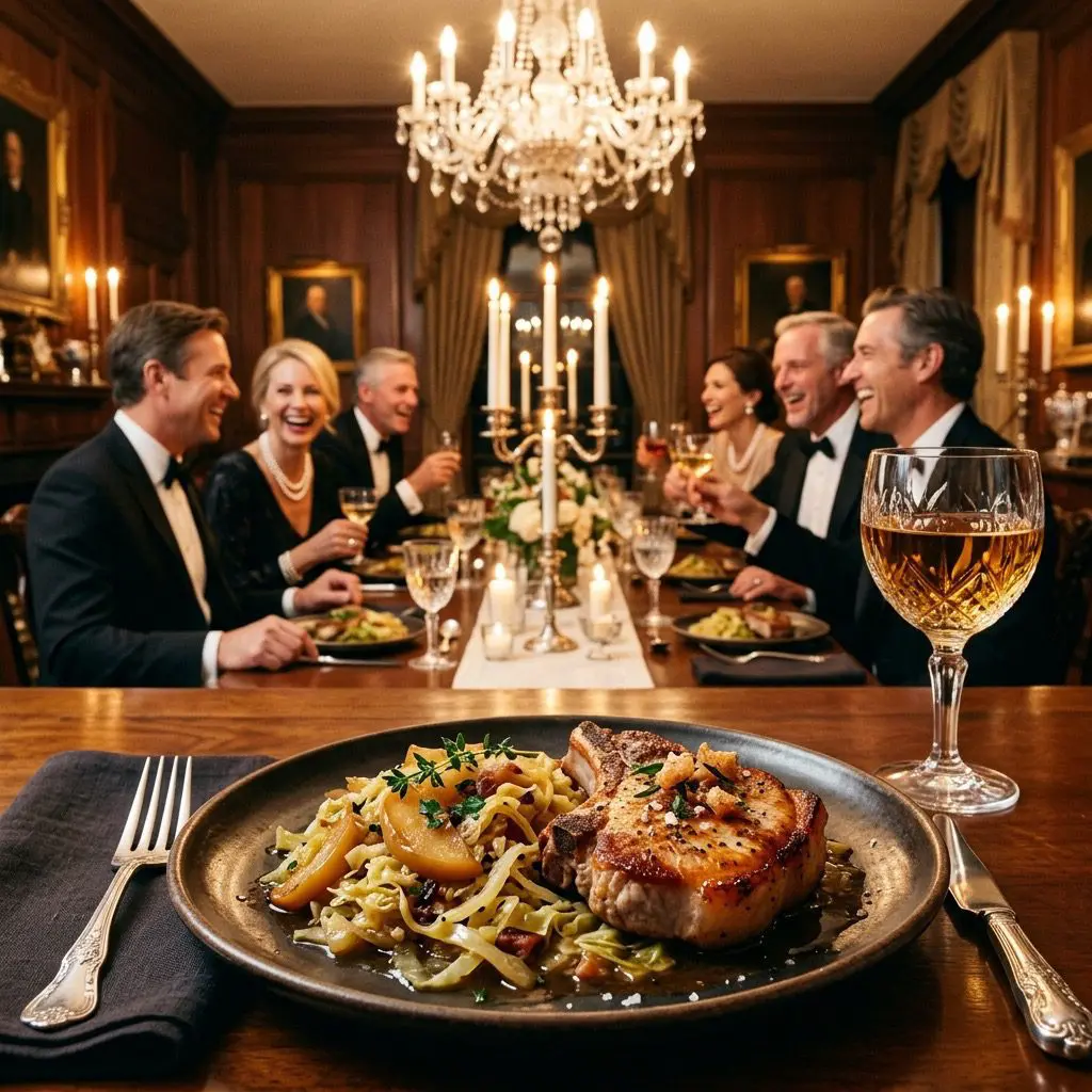 An elegant, formal dinner table setting featuring Braised Savoy Cabbage with Fennel and Apples alongside a pork chop, with a dinner party in the background