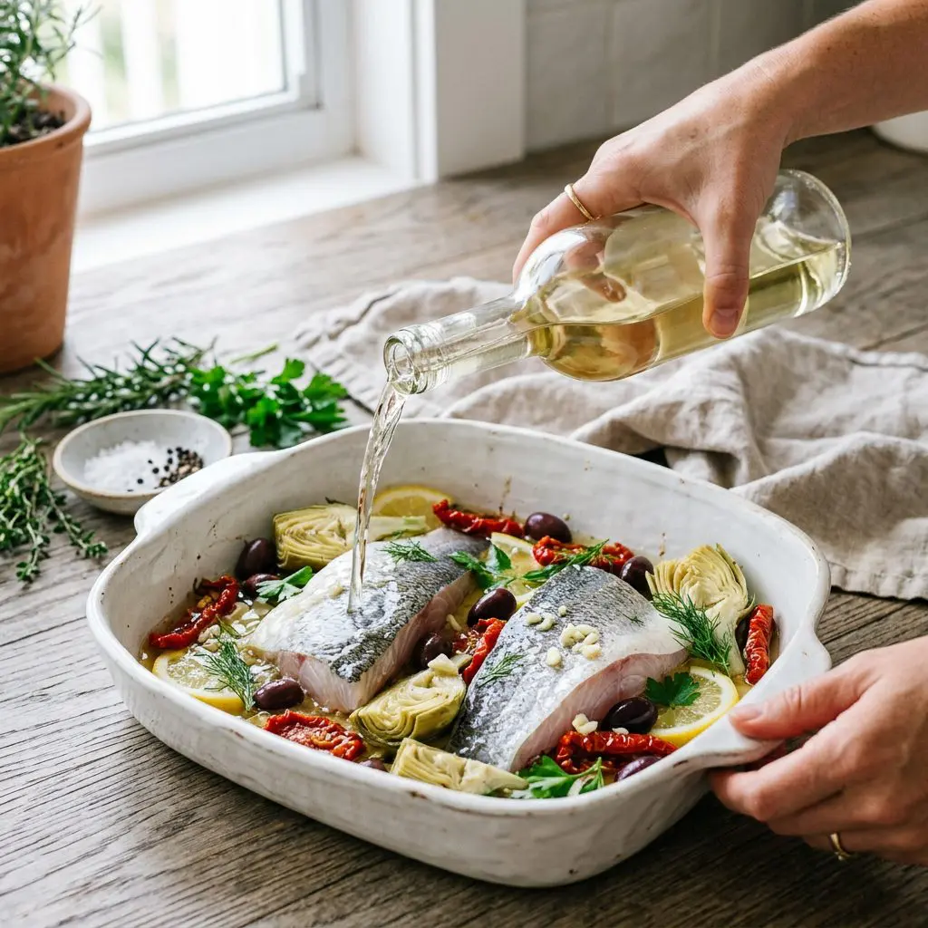 A cook's hands pouring a heavy glug of crisp white wine into a rustic white ceramic baking dish, pooling around thick sea bass fillets, scattered sun-dried tomatoes, kalamata olives, and artichokes.
