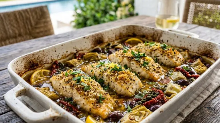 Stunning plated serving of Sea Bass Provençale, a chef-tested recipe by Chef Jorj Morgan.