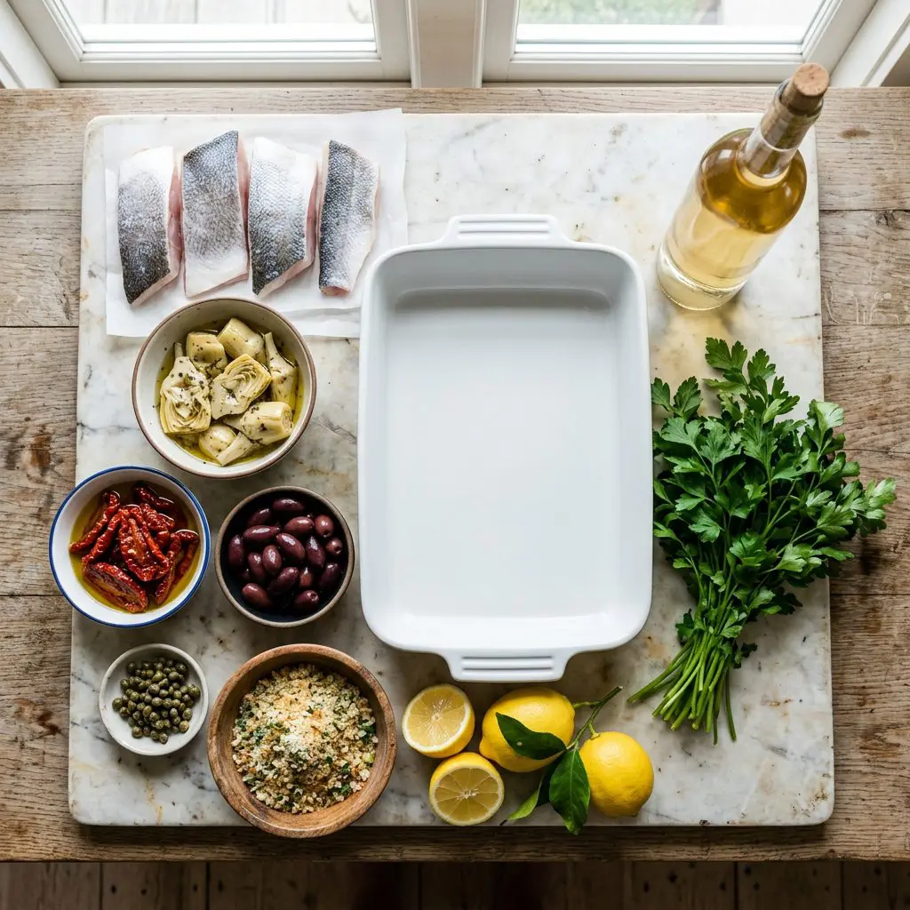 Ingredients arranged: four thick raw sea bass fillets, bowls of marinated artichoke hearts, vibrant sun-dried tomatoes in oil, dark kalamata olives, capers, seasoned breadcrumbs, fresh lemons, white wine, and fresh parsley around a heavy white ceramic baking dish on a marble prep board.