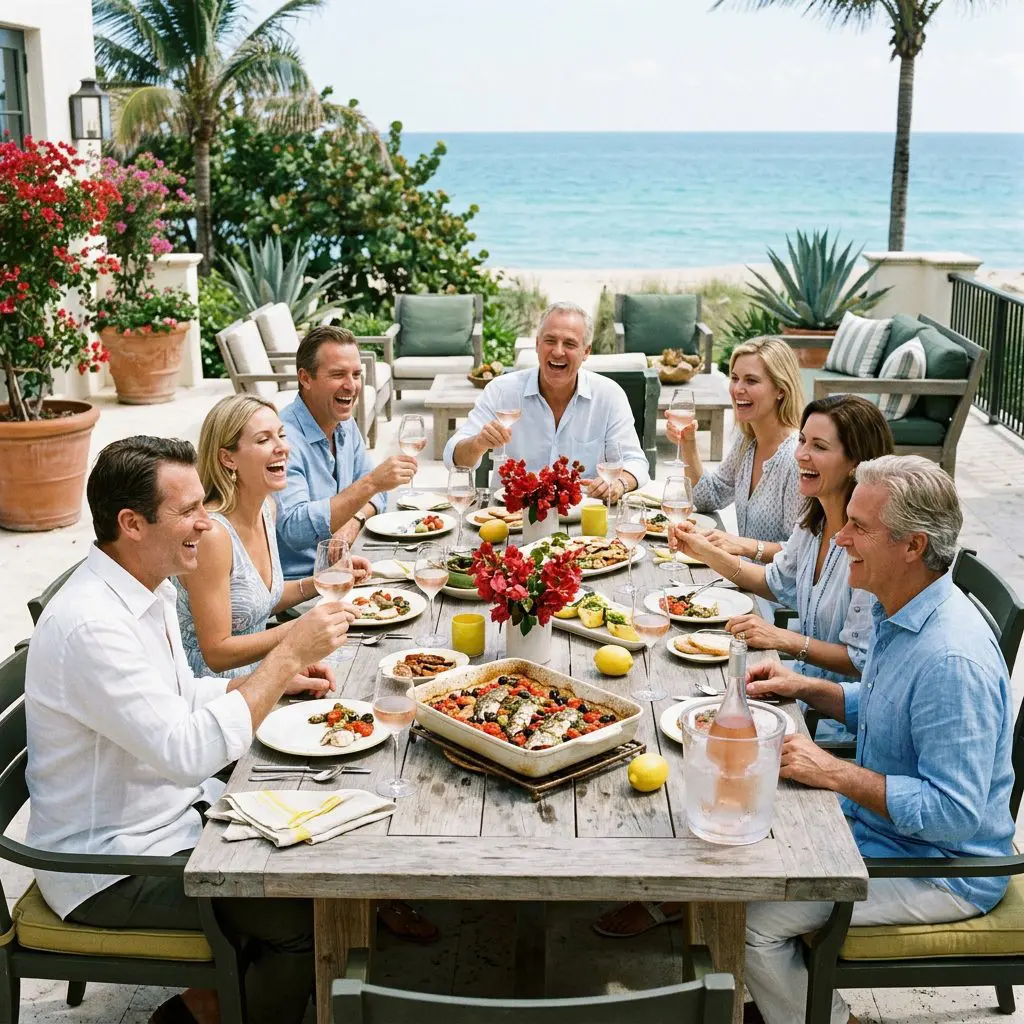 An outdoor sun-drenched coastal lunch setting with 8 guests gathered around the table laughing loudly, eating, and drinking icy bone-dry Provençal Rosé in long-stemmed glasses on a Palm Beach Estate dining patio. A massive bubbling baking dish of Sea Bass Provençale anchors the lively coastal patio lunch party.