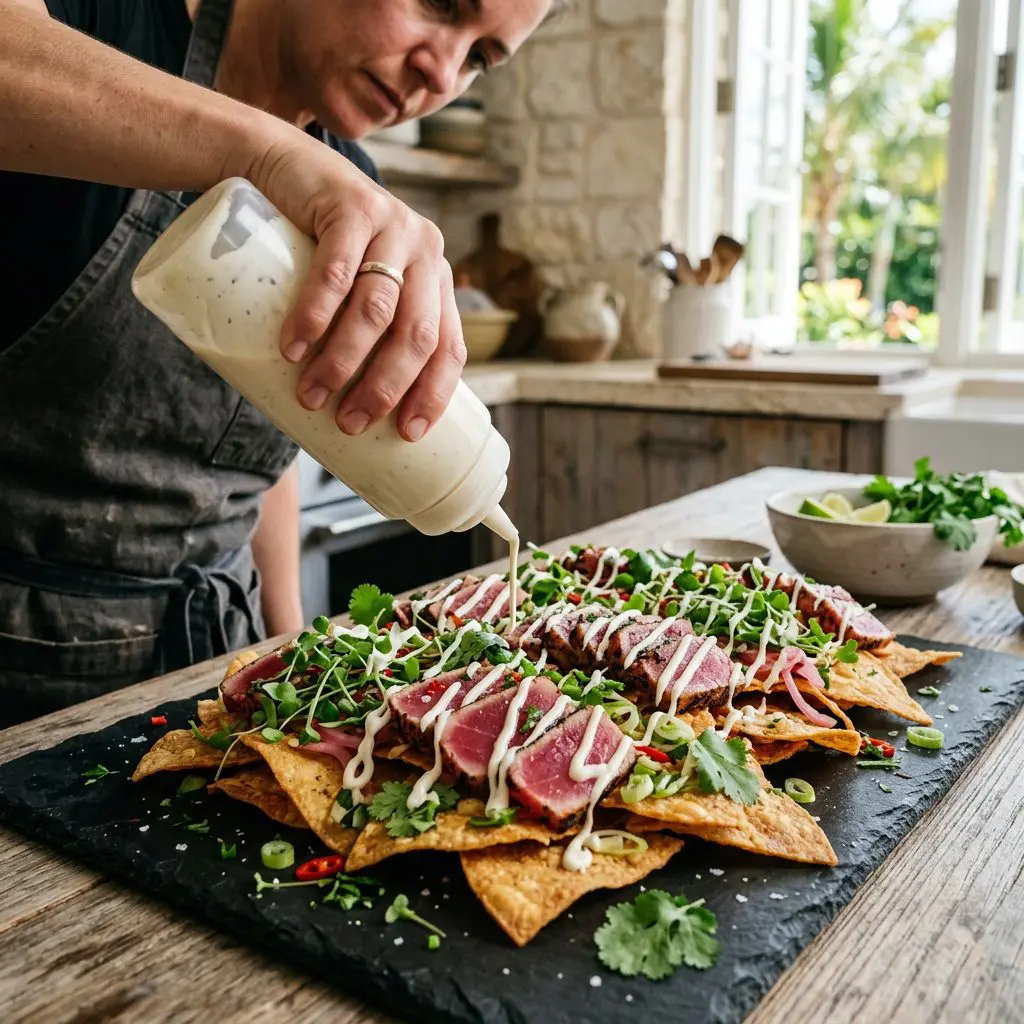 Close-up action shot of a cook's hand using a clear plastic squeeze bottle to aggressively zigzag a thick, glossy white roasted garlic cream over a massively loaded board of crispy tortilla chips topped with perfectly rare, seared pink tuna slices and vibrant greens.