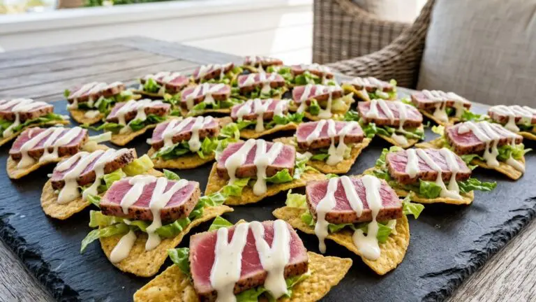 Stunning plated serving of Seared Tuna Nachos with Roasted Garlic Cream, a chef-tested recipe by Chef Jorj Morgan.