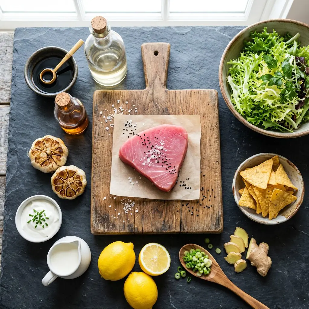 Overhead mise en place shot of ingredients aesthetically arranged: a thick raw pink tuna steak, dark soy sauce, rice wine vinegar, sesame oil, whole heads of roasted garlic, sour cream, heavy cream, bright yellow lemons, fresh ginger, green onions, a bowl of crispy golden tortilla chips, and vibrant green frisée lettuce around a heavy cutting board.