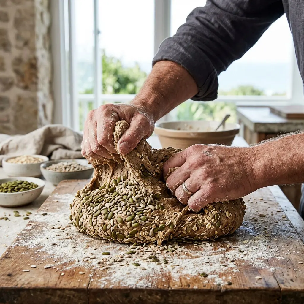 A cook's floured hands kneading a massive mound of whole-grain dough on a floured wooden board, violently pressing a thick layer of green pepitas, sunflower seeds, and rolled oats directly into the textured dough.