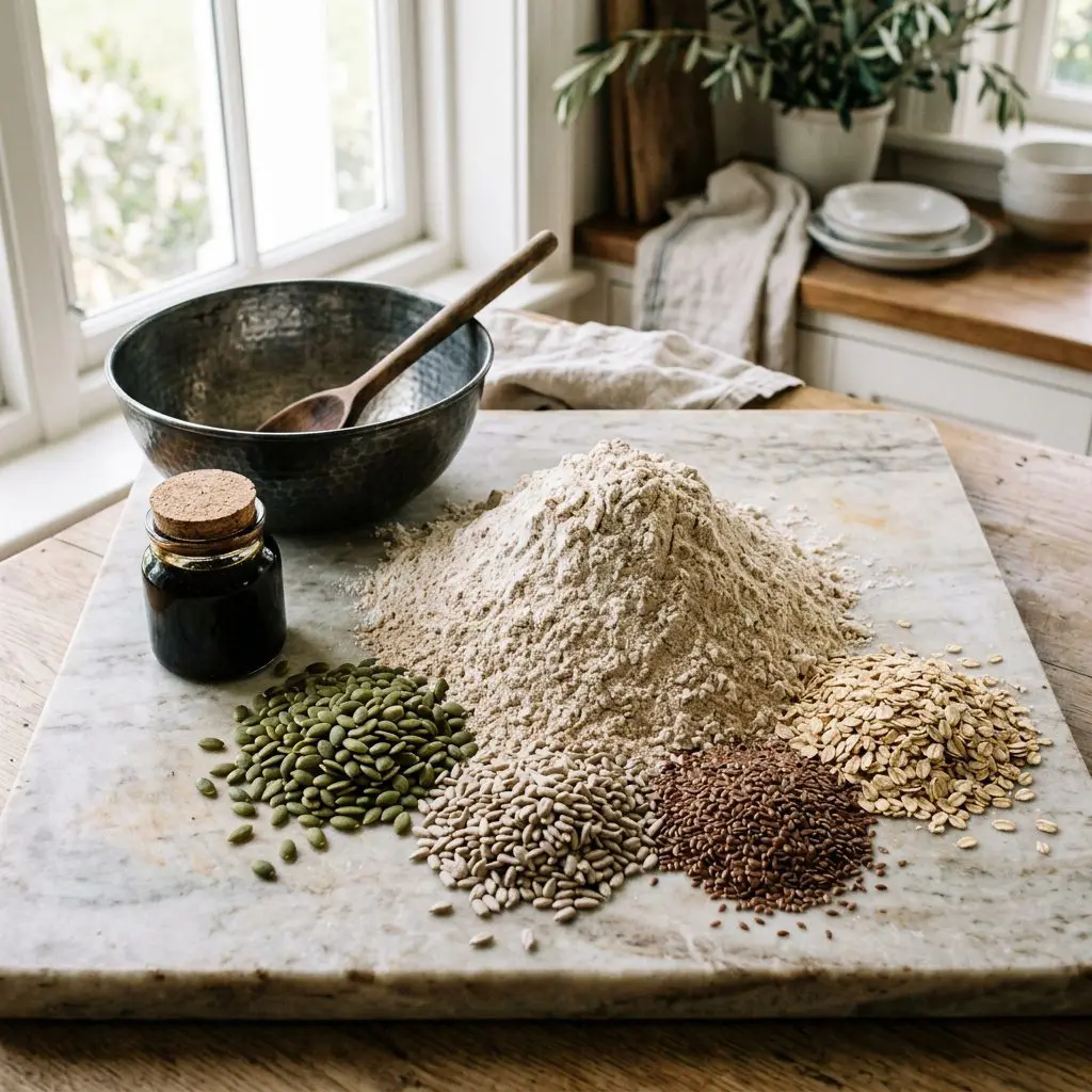 Ingredients arranged: a massive mound of rustic whole wheat flour, a dark jar of rich thick sorghum syrup, raw sunflower seeds, vibrant green pepita seeds, flaxseeds, and rolled oats surrounding a heavy metal mixing bowl on a marble prep board.