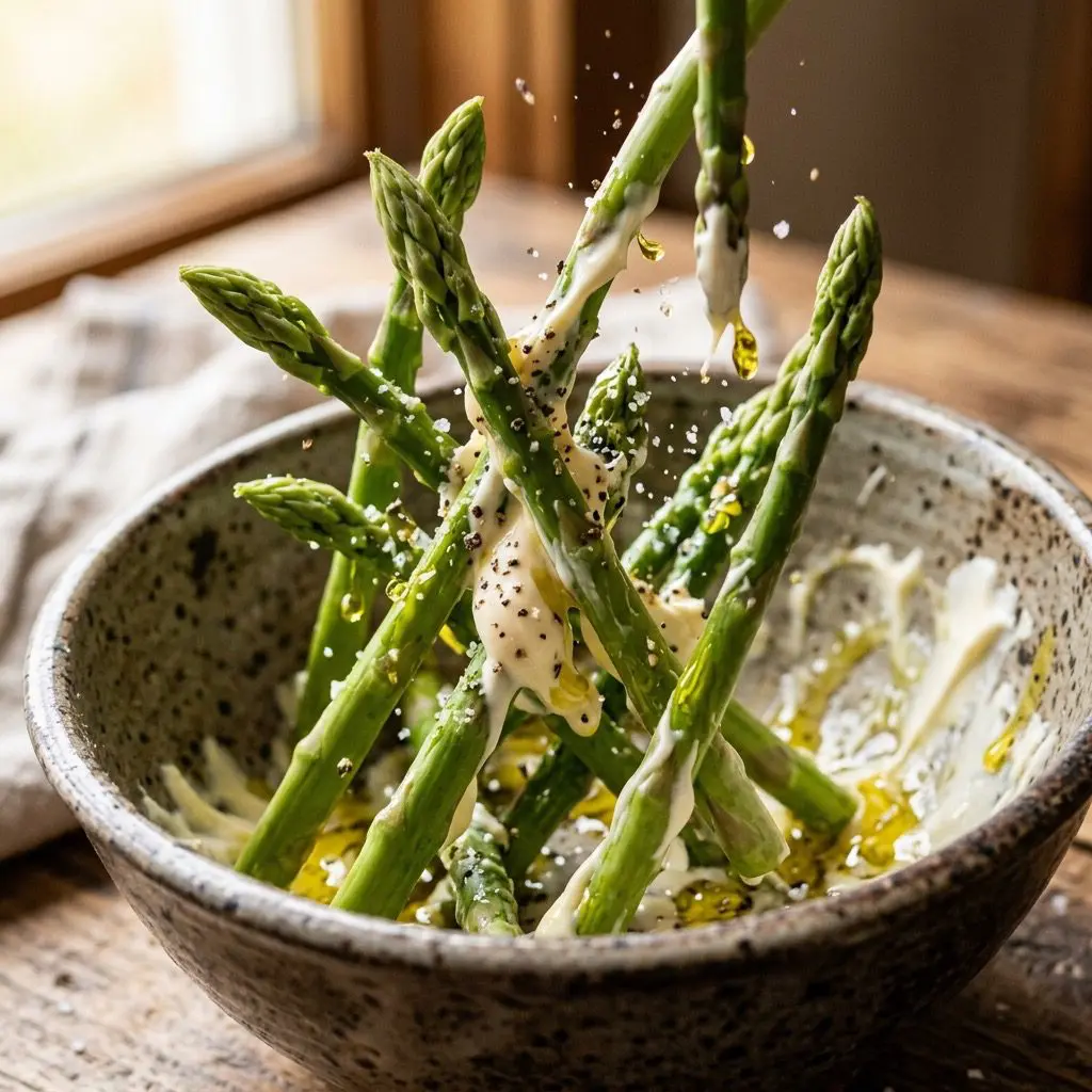 Extreme close-up action shot tossing bright green asparagus spears with creamy mayonnaise, olive oil, salt, and black pepper