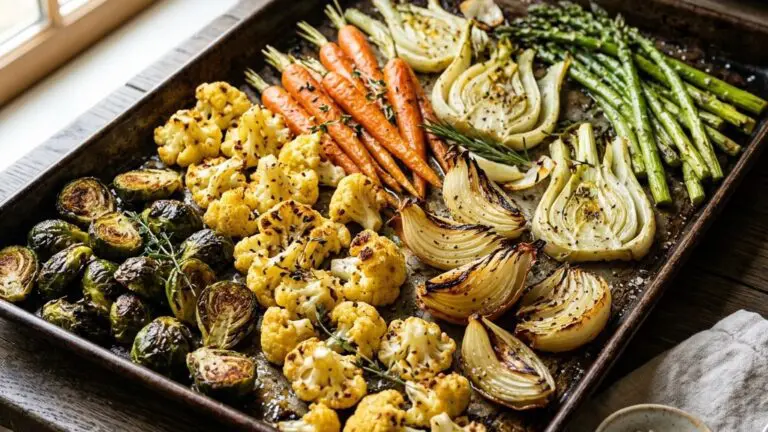 Stunning plated serving of Sheet Pan Roasted Veggies, a chef-tested recipe by Chef Jorj Morgan.