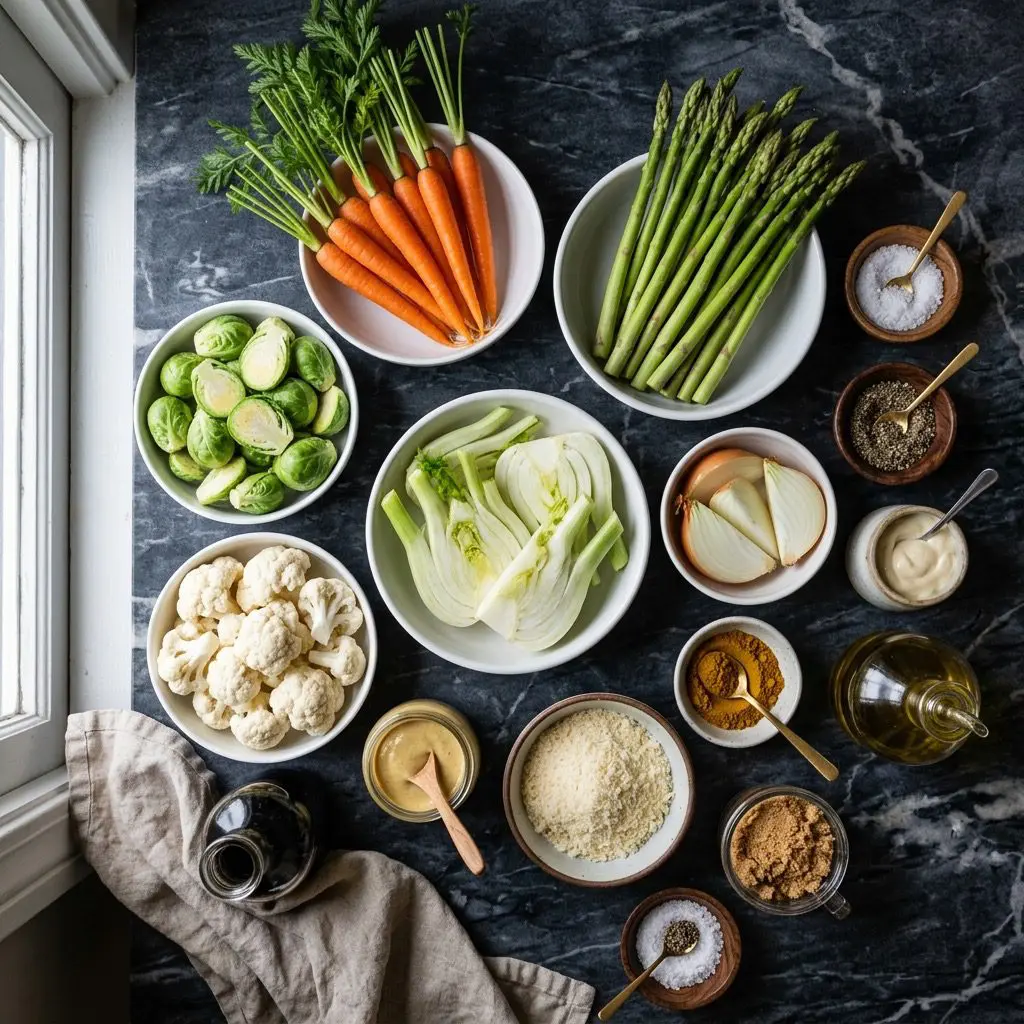 Overhead prep shot of Brussels sprouts, cauliflower, carrots, asparagus, onions, fennel, balsamic vinegar, mustard, Parmesan, brown sugar, curry powder, mayonnaise, olive oil, salt, and pepper