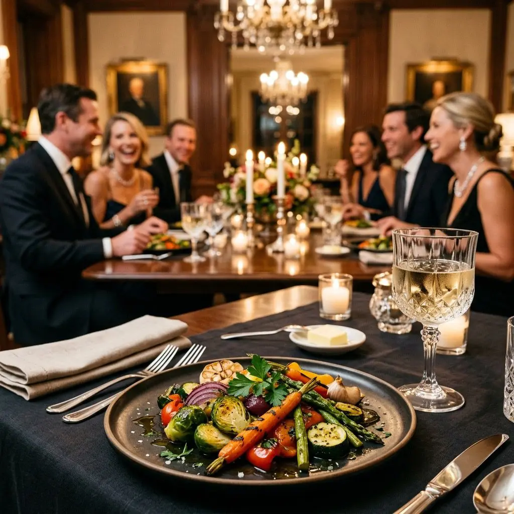 An elegant, formal dinner table setting featuring Sheet Pan Roasted Veggies, with a dinner party in the background