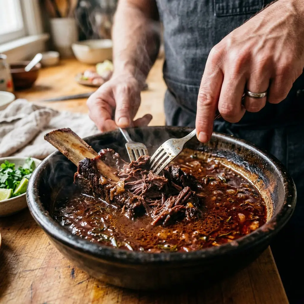 A cook's hand using two forks to shred incredibly tender, dark, steaming braised beef short rib meat off the bone in a large rustic bowl, mixing it with the rich red wine and chipotle braising liquid.