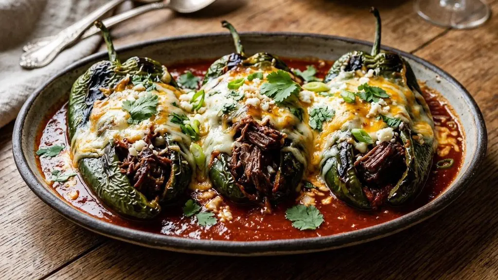 A large, rustic serving bowl overflowing with blistered green poblano peppers stuffed with tender shredded beef short rib and smothered in bubbling, melted cheddar and queso blanco, sitting on a dark wooden table.