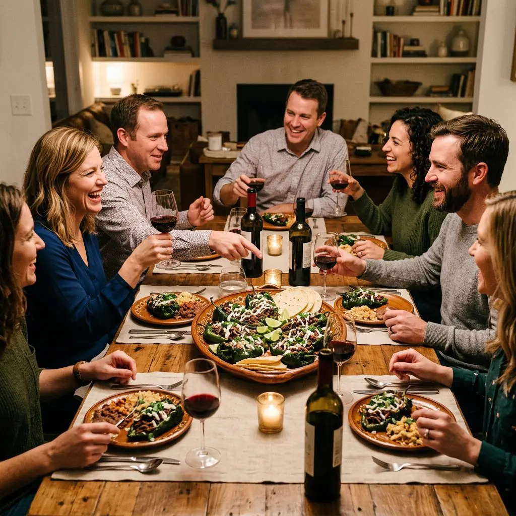 8 guests gathered around the table laughing, eating, and drinking wine, with a large rustic platter holding Short Rib-Stuffed Poblano Peppers in the center as the anchor.