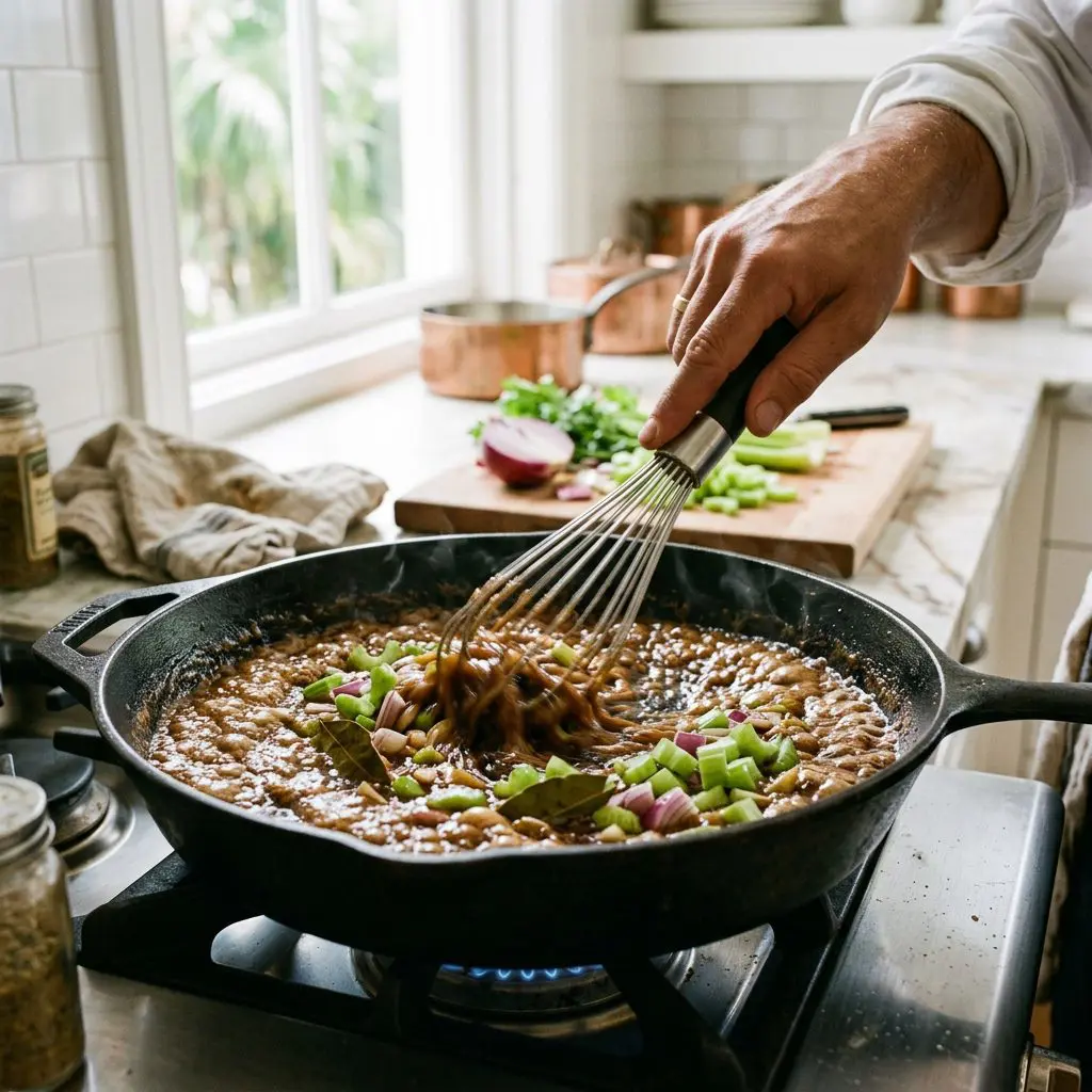 A cook's hand using a heavy silver whisk to stir a bubbling, thick, dark caramel-colored butter and flour roux in a massive cast-iron skillet, with vibrant green celery and red onions just being tossed in.