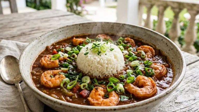 Stunning plated serving of Shrimp Étouffée with a Scoopful of Cauliflower Rice, a chef-tested recipe by Chef Jorj Morgan.