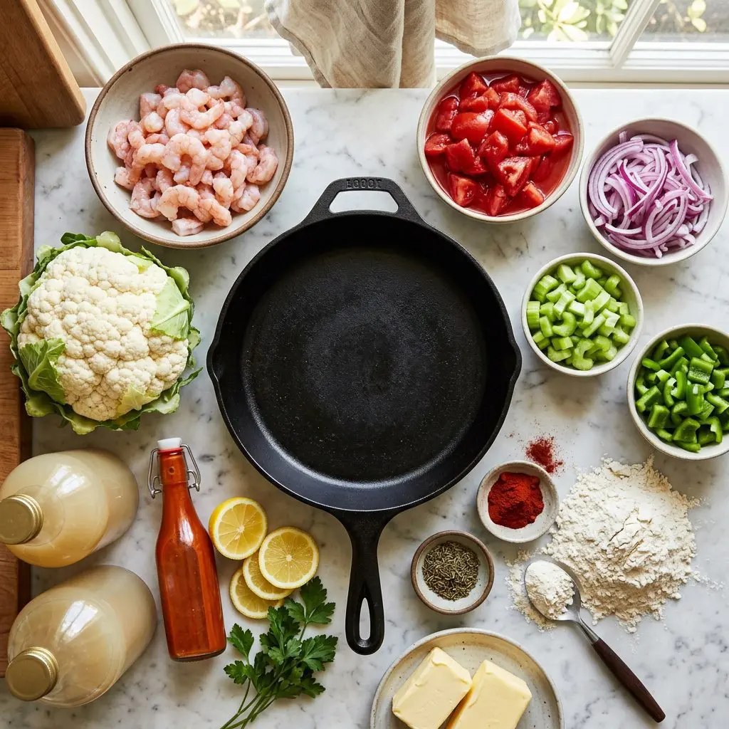 Ingredients arranged: a bowl of chopped raw pink shrimp, an entire head of bright white cauliflower, deep red tomatoes, vibrant red onions, crisp green celery and bell peppers, huge bottles of clam juice, sharp yellow lemons, hot pepper sauce, heavy blocks of butter, unbleached flour, and piles of intense paprika and thyme around a heavy cast-iron skillet on a marble prep board.
