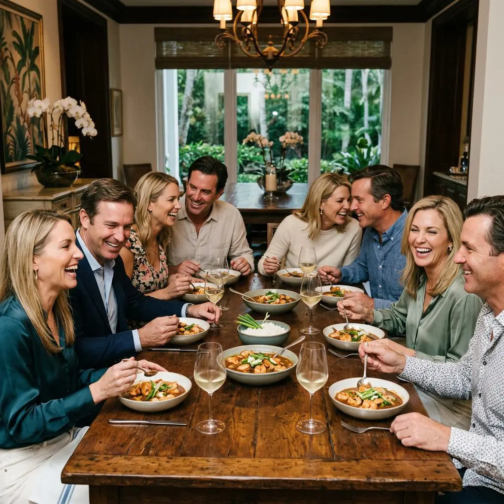 8 guests gathered tightly around a rustic dining table, laughing loudly, dragging spoons through shallow bowls, and drinking icy Sauvignon Blanc in glasses on a Palm Beach Estate. Wide shallow bowls of steaming Shrimp Étouffée anchor the lively coastal dinner party.