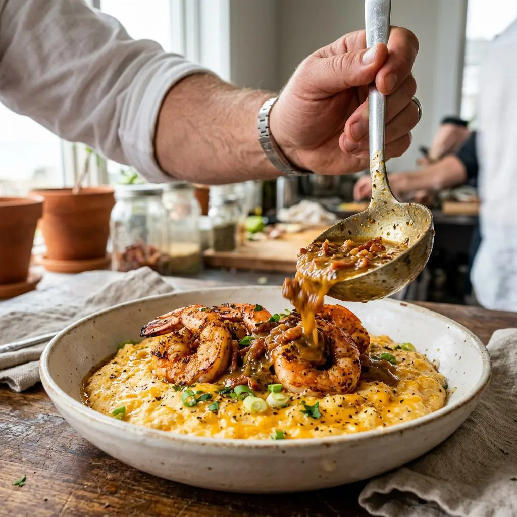 A cook's hand using a heavy silver spoon to ladle a massive portion of thick, intensely spicy, golden-brown bacon and sherry cream sauce over huge, spice-crusted pink jumbo shrimp resting on a bed of steaming, molten cheddar grits in a wide ceramic bowl.