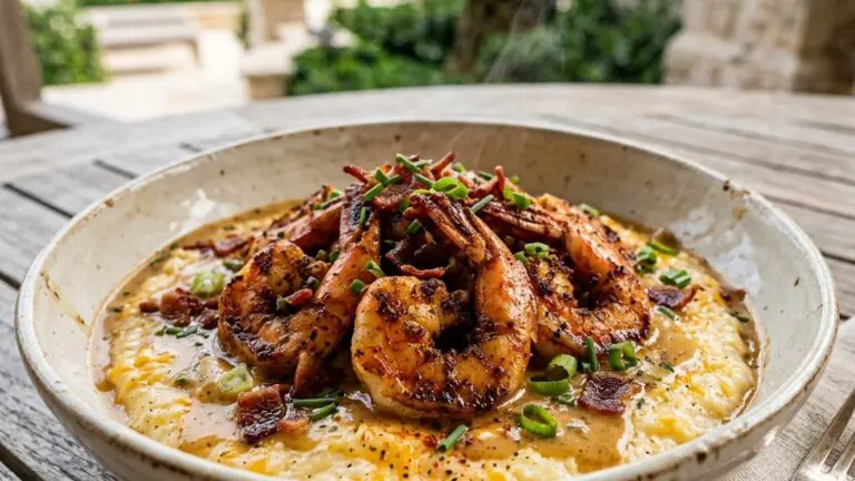 Stunning plated serving of Shrimp and Grits, a chef-tested recipe by Chef Jorj Morgan.