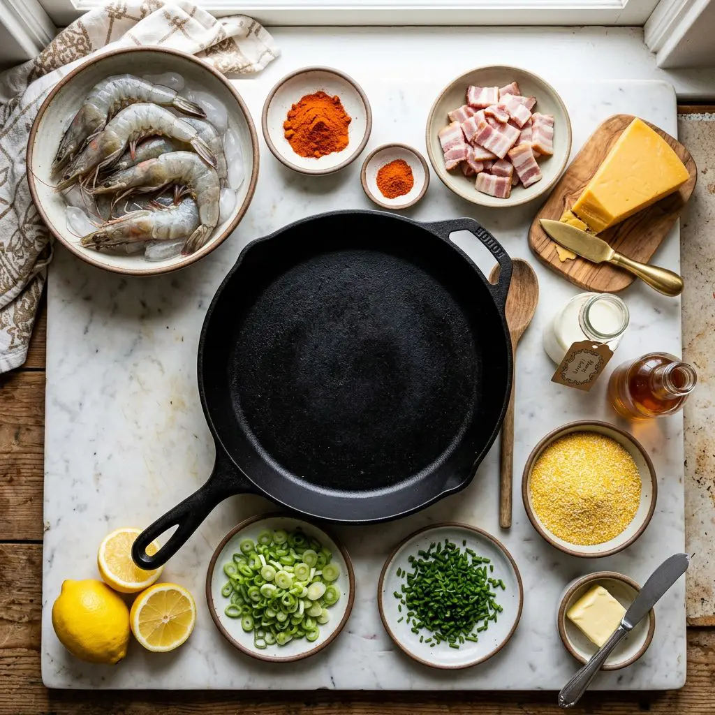 Ingredients arranged: a bowl of massive raw grey shrimp, piles of intensely orange paprika and cayenne, bright yellow lemons, thick-cut chopped bacon, a block of sharp yellow cheddar cheese, heavy cream, dry sherry, butter, grits, fresh green onions, and chives around a heavy cast-iron skillet on a marble prep board.