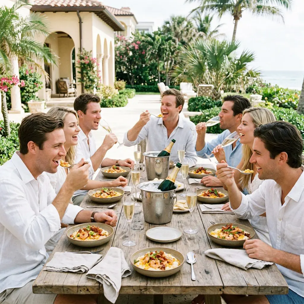 8 guests gathered tightly around a rustic patio table, laughing loudly, digging into shallow bowls with heavy spoons, and drinking fiercely chilled Champagne in glasses on a Palm Beach Estate. Wide shallow bowls of steaming Shrimp and Grits anchor the lively coastal brunch party.
