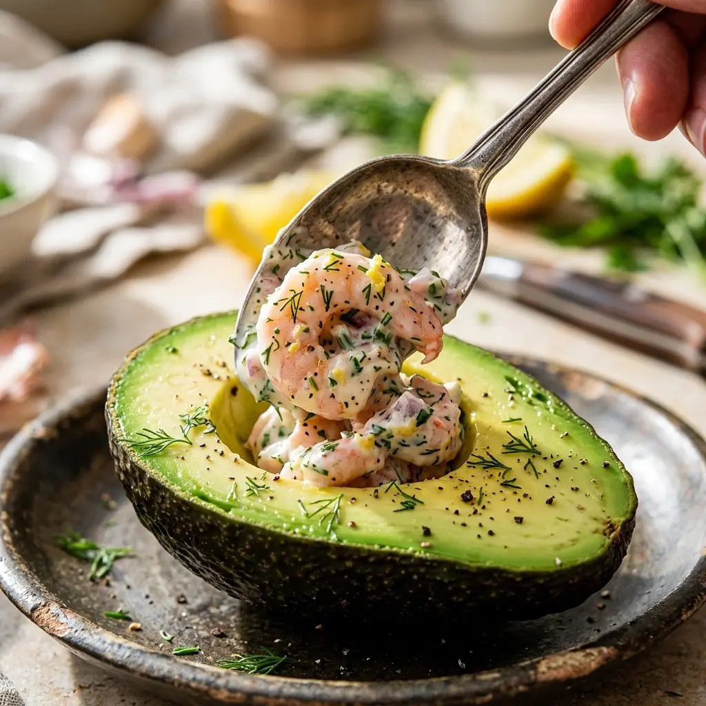 Extreme close-up action shot scooping creamy shrimp salad into a halved avocado