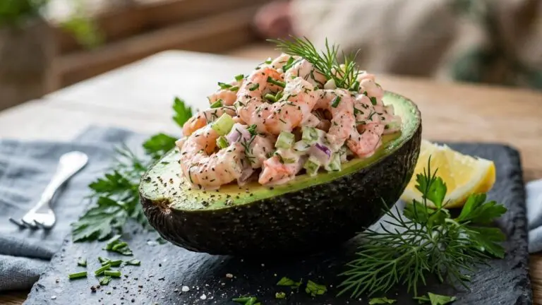 Stunning plated serving of Shrimp Salad in Avocado Bowls, a chef-tested recipe by Chef Jorj Morgan.