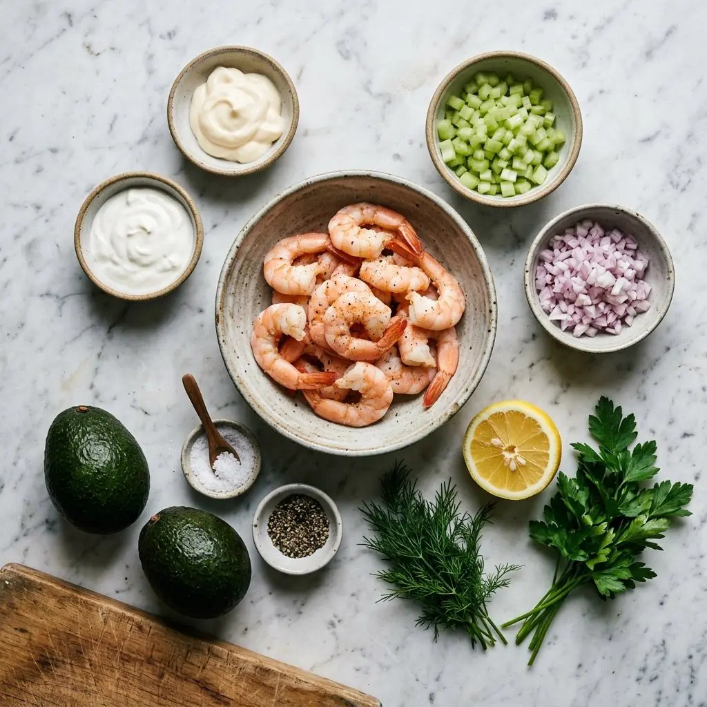 Overhead prep shot of shrimp, mayonnaise, sour cream, celery, shallot, lemon, dill, parsley, salt, pepper, and avocados