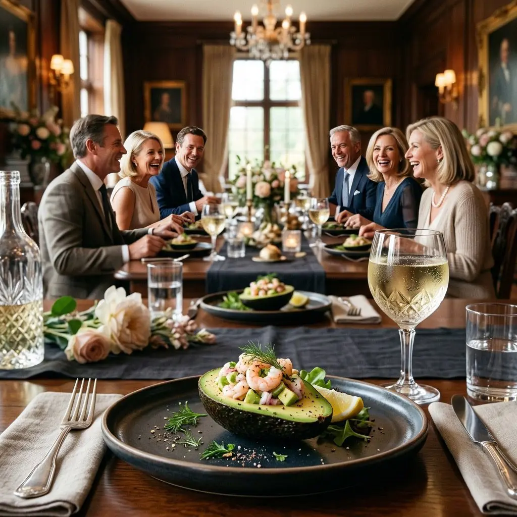 An elegant, formal luncheon table setting featuring Shrimp Salad in an Avocado Bowl, with a luncheon in the background