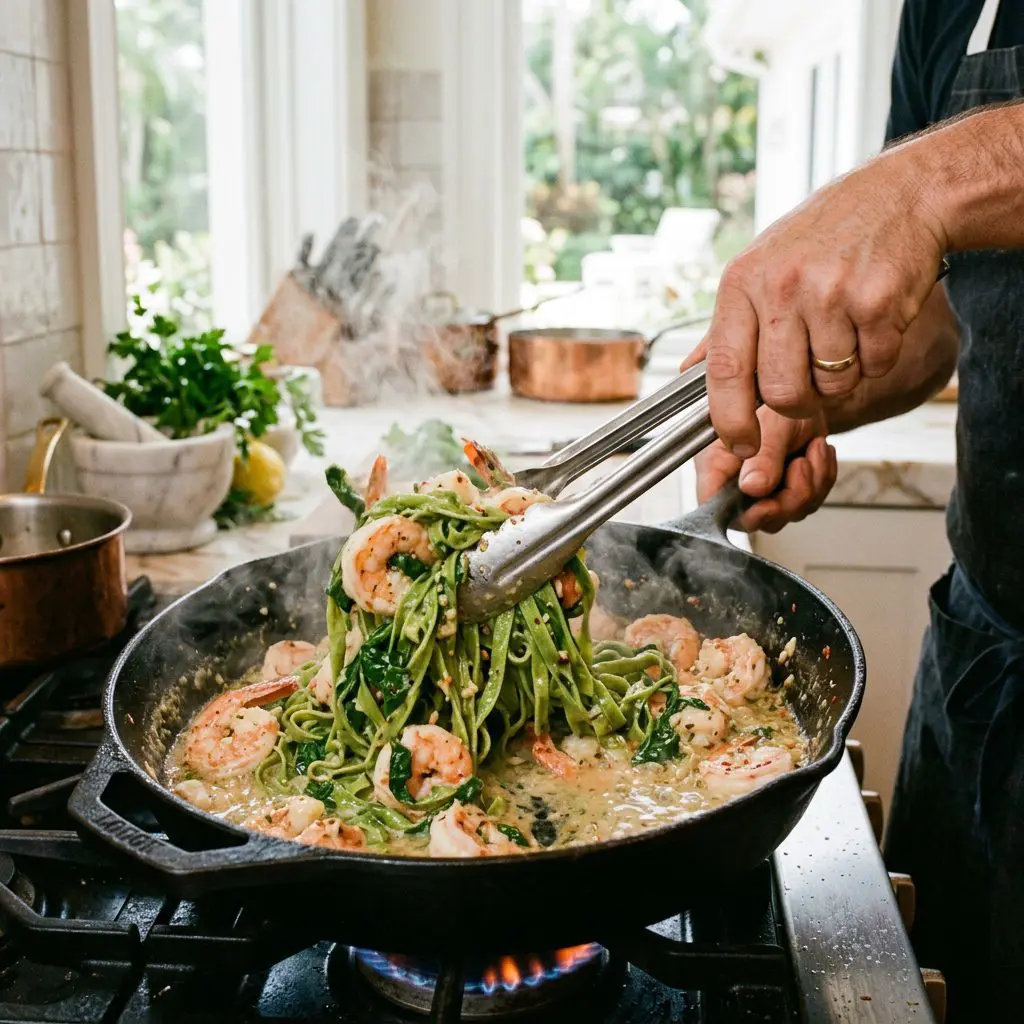 A cook's hand using heavy silver tongs to toss steaming, bright green spinach fettuccine ribbons and massive, opaque pink jumbo shrimp in a large cast-iron skillet violently boiling with thick, rich garlic butter and white wine sauce.
