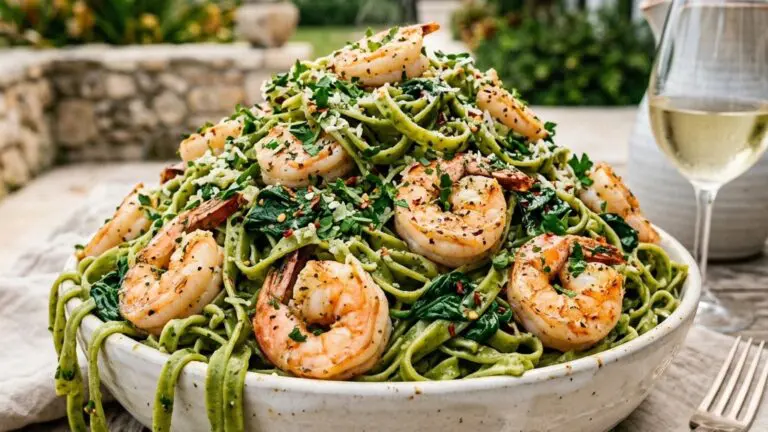 Stunning plated serving of Shrimp Scampi with Spinach Fettuccine, a chef-tested recipe by Chef Jorj Morgan.