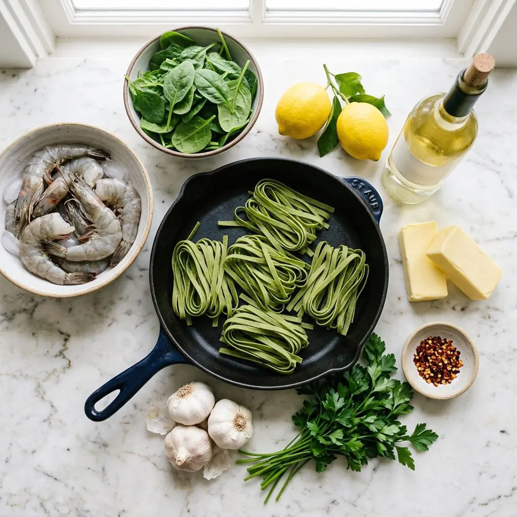 Ingredients arranged: dry ribbons of bright green spinach fettuccine, a bowl of massive raw grey shrimp, fresh spinach leaves, vibrant yellow lemons, heavy blocks of butter, a bottle of crisp white wine, whole garlic bulbs, fresh flat-leaf parsley, and fiery red pepper flakes around a heavy cast-iron skillet on a marble prep board.