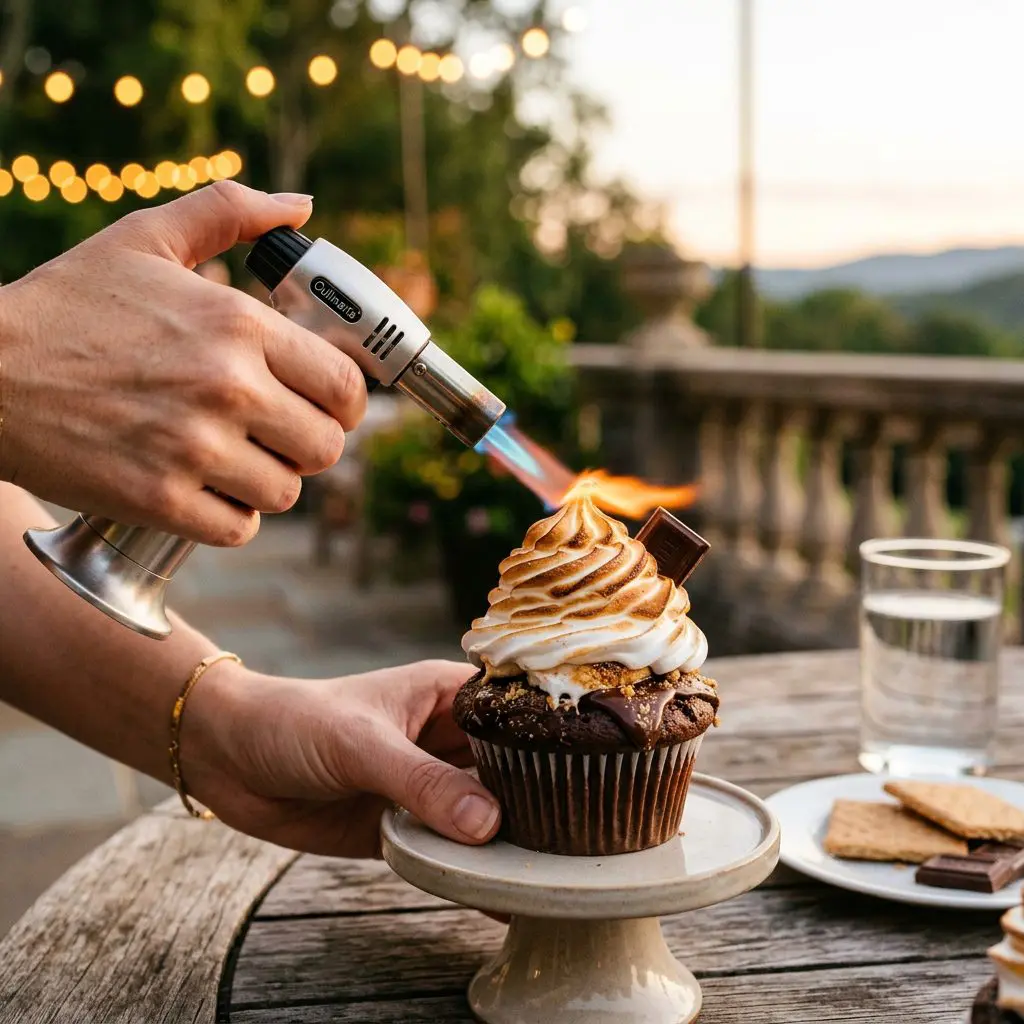 Clean hands using a small culinary kitchen blowtorch to gently toast and brown the towering, glossy peaks of white marshmallow meringue frosting on top of chocolate S'mores Cupcakes. A warm blue and orange flame is captured mid-action, carmelizing the meringue edges into a beautiful golden-bronze.