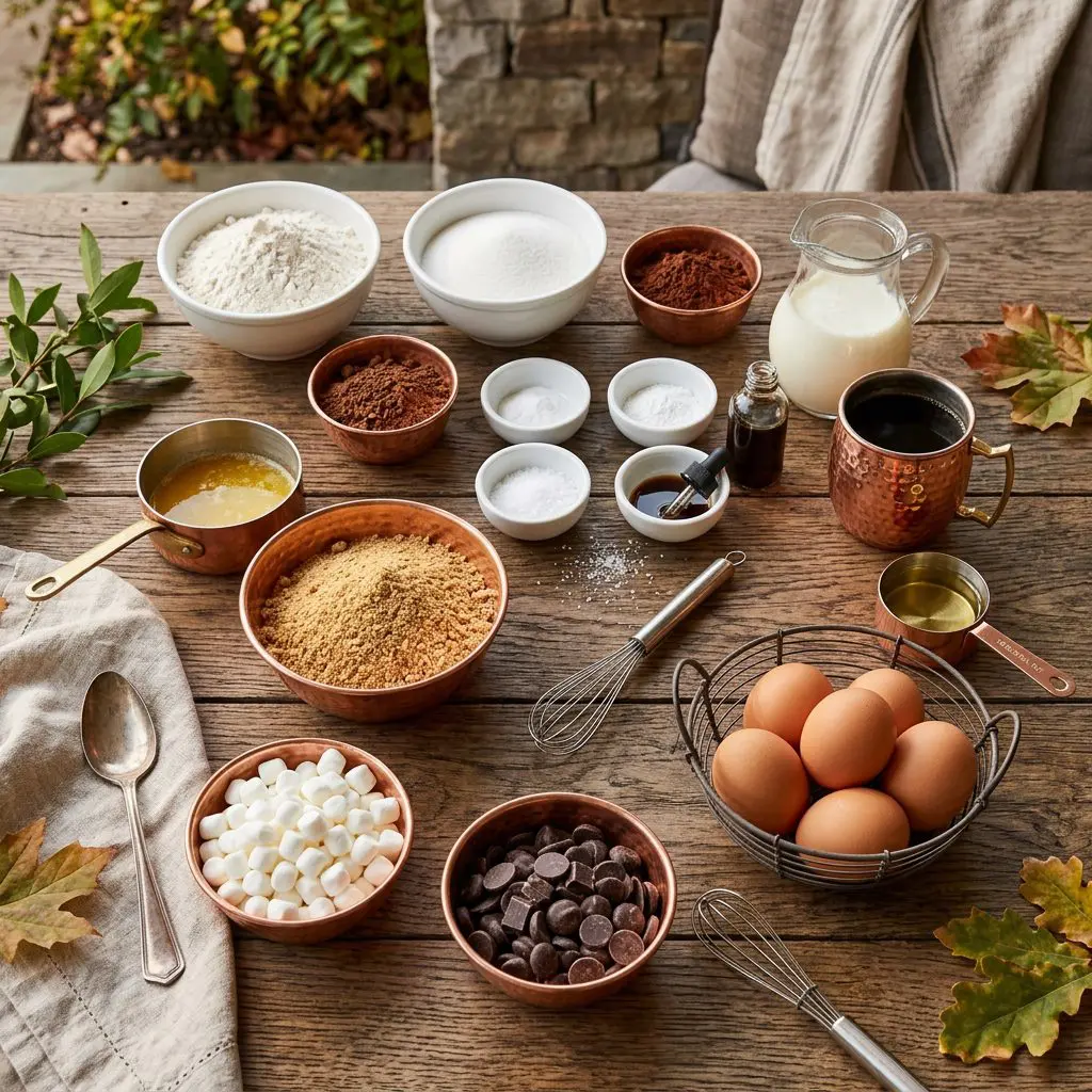 The raw ingredients (mise en place) for S'mores Cupcakes, arranged on a rustic wood estate table. Organized neatly in copper and white porcelain bowls are: graham cracker crumbs, melted butter, unbleached flour, granulated sugar, cocoa powder, baking soda, baking powder, kosher salt, buttermilk in a glass pitcher, brewed coffee in a copper cup, vegetable oil, fresh brown eggs in a small wire basket, and vanilla extract.