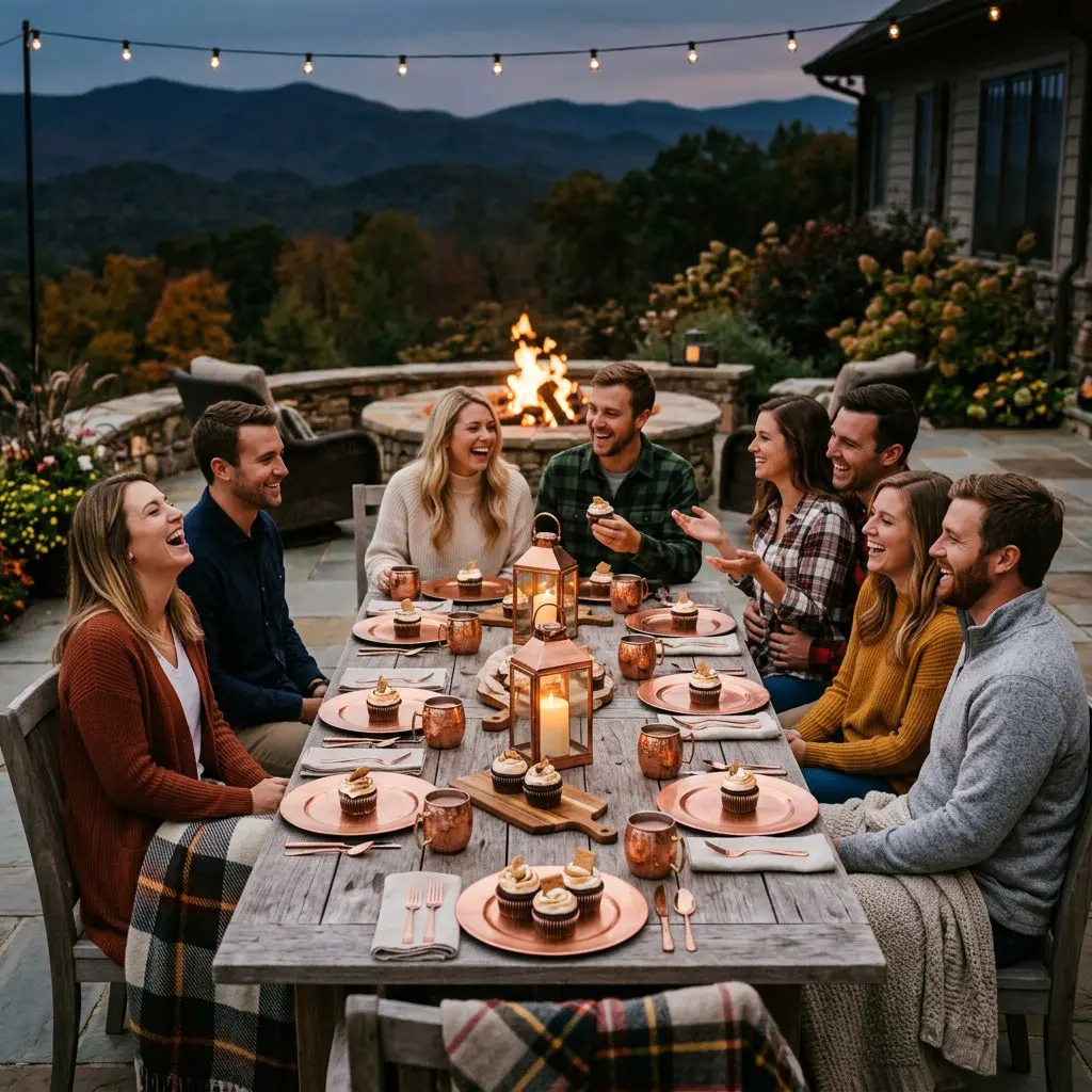 Eight guests laughing, sharing warm conversation, and enjoying S'mores Cupcakes. They are gathered around a long rustic wood table on the beautiful outdoor terrace of a North Carolina Estate at twilight. On the table are copper plates with cupcakes, a stone fire pit glowing warmly in the background, copper lanterns casting soft light, cozy hand-knit blankets, and copper mugs of hot cocoa.