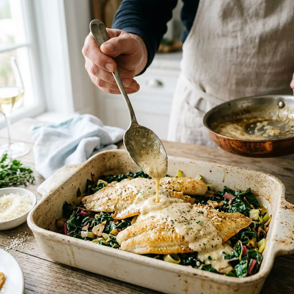 A cook's hand using a heavy silver spoon to generously ladle a thick, glossy, bubbling Parmesan cream sauce completely over delicate, butter-seared sole fillets resting on a bed of bright green Swiss chard and leeks in a rustic baking dish.