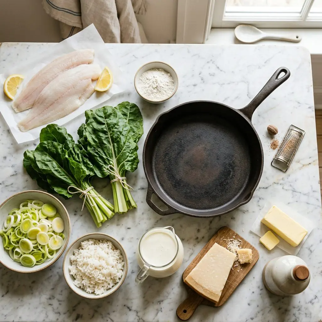 Ingredients arranged: delicate white sole fillets, bundles of earthy green Swiss chard, thinly sliced pale green leeks, a bowl of cooked white rice, heavy cream, blocks of Parmesan cheese, a stick of butter, olive oil, flour, and a whole nutmeg seed with a grater around a heavy saute pan on a marble prep board.