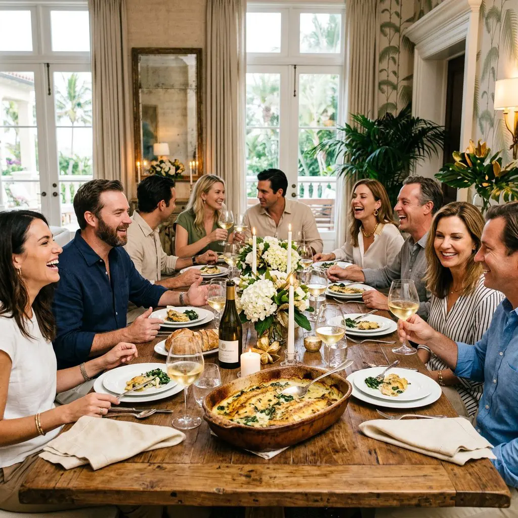 8 guests gathered around the table laughing, eating, and drinking rich, icy Chardonnay in wide-bowled glasses in a Palm Beach Estate dining room. A massive, browned baking dish of Sole Florentine anchors the comforting dinner party.