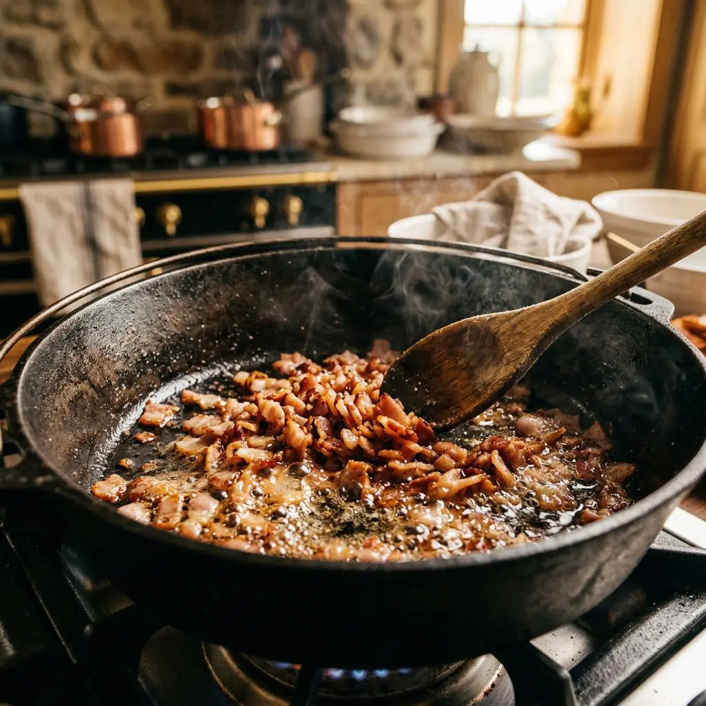 Close-up action shot of diced bacon vigorously sizzling and rendering its fat in the bottom of a heavy cast-iron Dutch oven, being gently stirred with a wooden spoon
