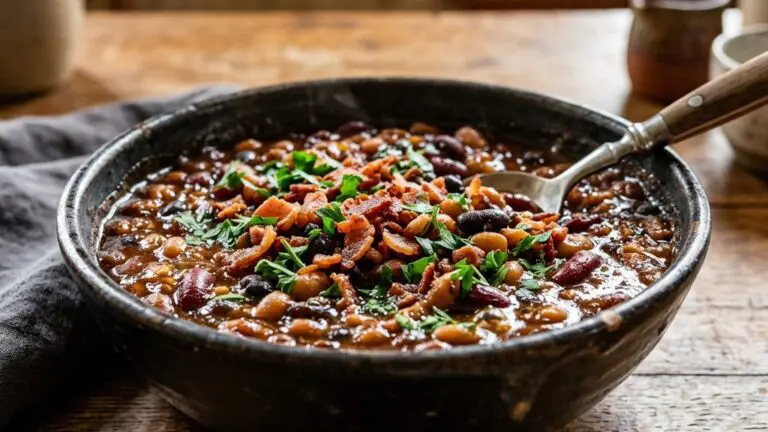 Stunning plated serving of Souped-Up Baked Beans, a chef-tested recipe by Chef Jorj Morgan.