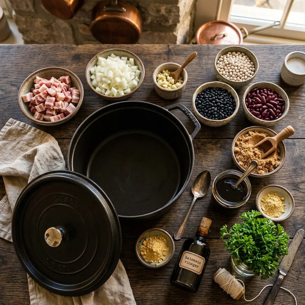 Raw ingredients for baked beans arranged: diced raw bacon, chopped white onions, minced garlic, three small bowls of different beans (navy, black, kidney), brown sugar, mustard, dark molasses, balsamic vinegar, and fresh parsley, arranged around a heavy cast-iron Dutch oven.