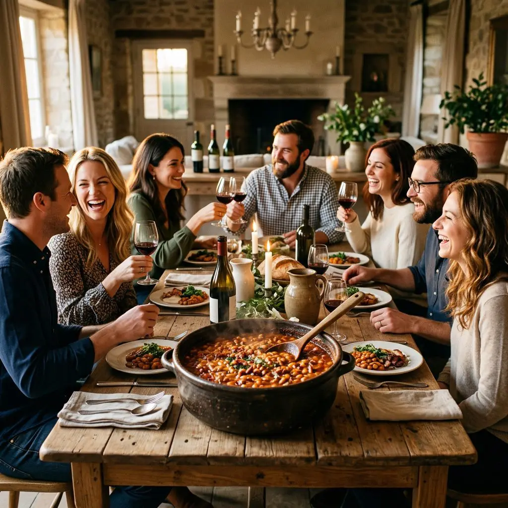 8 guests gathered around the table laughing, eating, and drinking wine, with a large rustic dark ceramic bowl of bubbling Baked Beans in the center as the anchor.